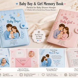 May include: A light blue and pink baby memory book set. The blue book reads "My Baby Boy" and the pink book reads "My Baby Girl". Both books feature illustrations of a family and baby. The set includes a gift tag and baby shoes.