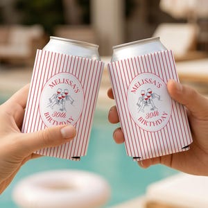 Personalized white and red pin striped birthday can cooler featuring custom name and milestone birthday design, perfect for girls trips, birthday parties, and wine weekends.