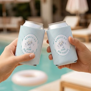 Personalized white and teal striped birthday can cooler featuring custom name and milestone birthday design, perfect for girls trips, birthday parties, and wine weekends.
