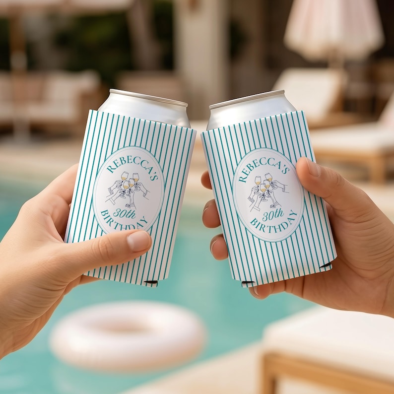 Personalized white and teal striped birthday can cooler featuring custom name and milestone birthday design, perfect for girls trips, birthday parties, and wine weekends.