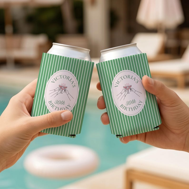 Personalized green striped birthday can cooler featuring custom name and milestone birthday design, perfect for girls trips, birthday parties, and wine weekends.