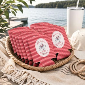 Personalized red striped birthday can cooler featuring custom name and milestone birthday design, perfect for girls trips, birthday parties, and wine weekends.
