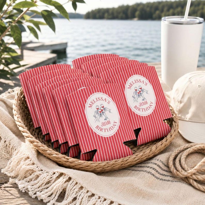 Personalized red striped birthday can cooler featuring custom name and milestone birthday design, perfect for girls trips, birthday parties, and wine weekends.