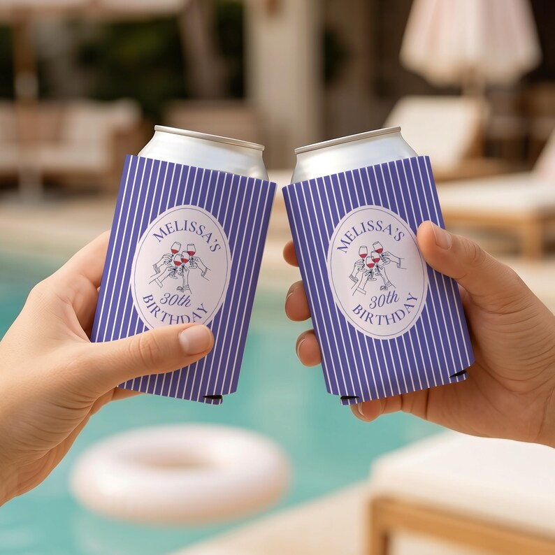 Personalized blue striped birthday can cooler featuring custom name and milestone birthday design, perfect for girls trips, birthday parties, and wine weekends.