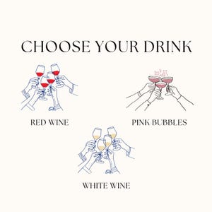 May include: A graphic illustration titled CHOOSE YOUR DRINK featuring three groups of hands holding glasses. One group holds red wine glasses, another holds pink bubbles glasses, and the third holds white wine glasses with text labels below.