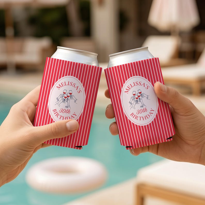 Personalized red striped birthday can cooler featuring custom name and milestone birthday design, perfect for girls trips, birthday parties, and wine weekends.