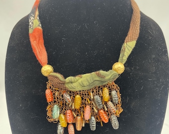 Earthy Boho Textile Bib Necklace, Wire Wrapped Glass Bead Fringe Collar