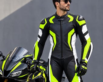 Men's Leather Motorcycle Racing Suit | Custom One-Piece Cowhide Motorbike Gear | CE Armored Biker Track Suit | Custom Fit