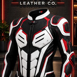 Op de afbeelding: Een zwart, wit en rood motorjack met geïntegreerde beschermende panelen op de borst, schouders en armen. Het jack heeft een centrale ritssluiting, een hoge kraag en een heupriem. De tekst ASTRIX LEATHER CO. is zichtbaar op de achtergrond.