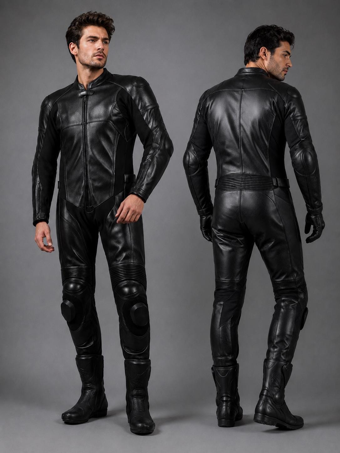 Men's Gloss Black Leather One Piece Motorcycle Racing Suit CE Armored Track Gear