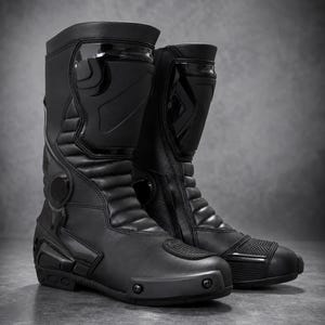 Puede incluir: Un par de botas de moto negras con caña alta, espinilleras reforzadas y placas protectoras en los tobillos. Las botas tienen una zona de los dedos texturizada, paneles de acordeón acolchados para mayor flexibilidad y acabado mate.