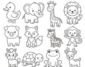 May include: A collection of twenty black and white line art illustrations featuring various animals including a cat, dog, rabbit, bear, duck, elephant, giraffe, lion, pig, fox, zebra, monkey, horse, turtle, frog, deer, chick, sheep, owl, and hedgehog.