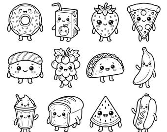 May include: A collection of black and white line art illustrations featuring various food and drink items with smiling faces. The set includes a coffee mug, apple, soda bottle, burger, donut, juice box, strawberry, pizza slice, sushi, grapes, taco, banana, milkshake, bread, watermelon, hot dog, pancakes, avocado, croissant, orange, and tea bag.