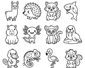 May include: A collection of twenty black and white line art illustrations featuring various animals including a dolphin, rhino, sloth, meerkat, llama, hedgehog, raccoon, shark, capybara, axolotl, lemur, walrus, platypus, chameleon, flamingo, squirrel, turtle, kangaroo, chicken, and whale.