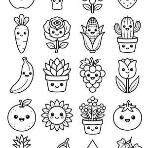 May include: A collection of twenty black and white line art illustrations featuring various fruits, vegetables, and plants. Each item displays a simple, smiling face with large eyes, arranged in a grid pattern on a plain white background.