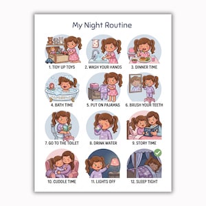 Night Routine Chart for Girls ADHD  & Autism Friendly Kids Daily Routine Bedtime Visual Schedule