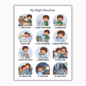 Night Routine Chart for Boys ADHD & Autism Support Printable Bedtime Visual Schedule for Kids