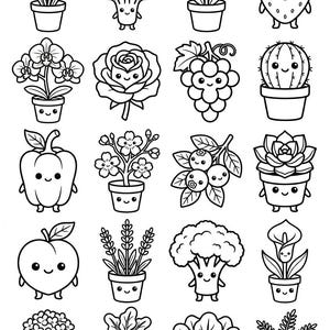 May include: A collection of twenty black and white line art illustrations featuring various plants, fruits, and vegetables with smiling faces. Each character has simple facial features including two round eyes and a small curved mouth, arranged in a grid.