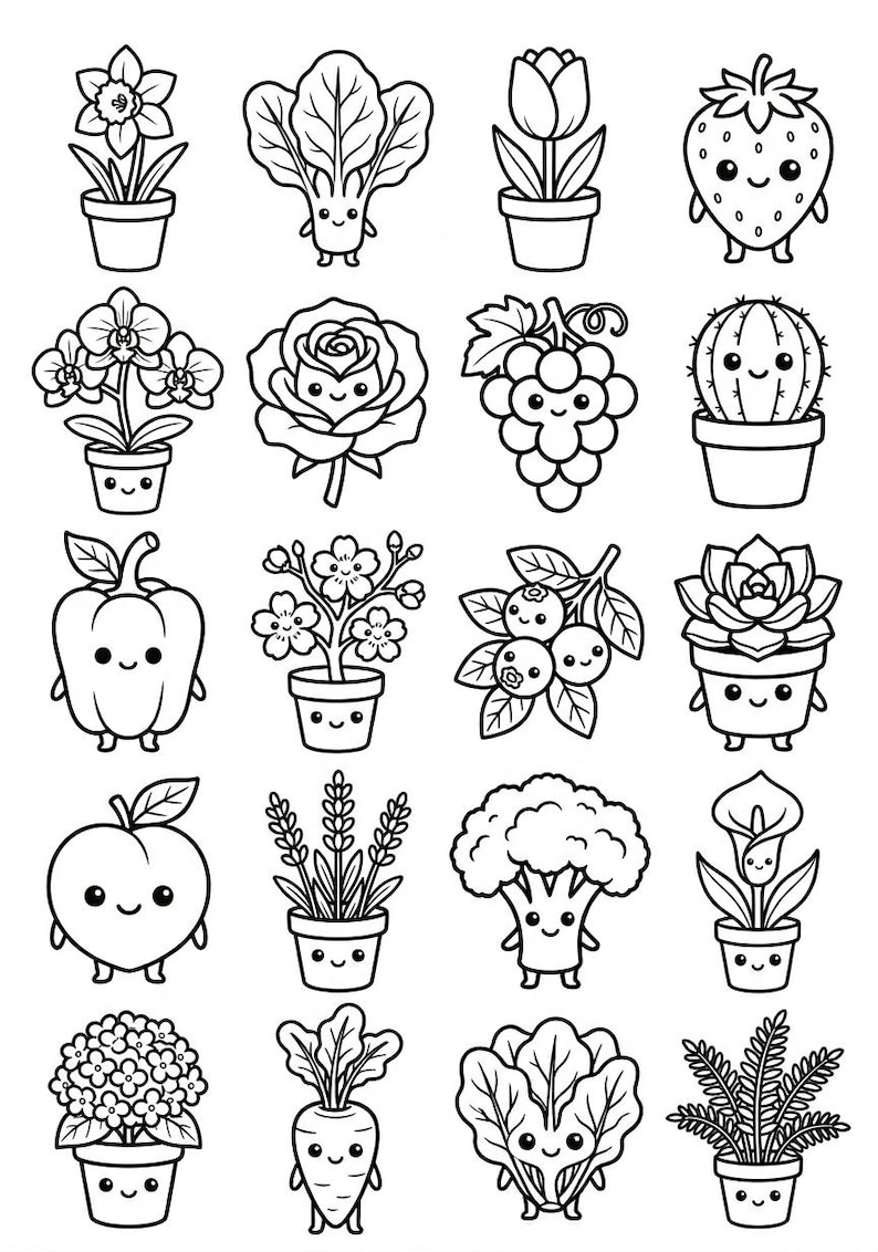 May include: A collection of twenty black and white line art illustrations featuring various plants, fruits, and vegetables with smiling faces. Each character has simple facial features including two round eyes and a small curved mouth, arranged in a grid.