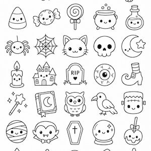 Puede incluir: Una colección de iconos de arte lineal en blanco y negro con temas de Halloween que incluyen una calabaza, fantasma, murciélago, sombrero de bruja, escoba, dulce, piruleta, caldero, poción, araña, telaraña, gato, calavera, luna, estrella, vela, casa, lápida con el texto RIP, globo ocular, zapato, varita, libro, búho, cuervo, monstruo, momia, vampiro, ataúd, bola de cristal, manzana, hoja, bellota, cesta y adorno.