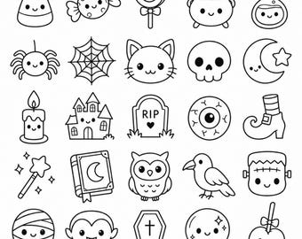 May include: A collection of black and white line art icons featuring Halloween themes including a pumpkin, ghost, bat, witch hat, broom, candy corn, wrapped candy, lollipop, cauldron, potion bottle, spider, web, cat, skull, moon, star, candle, house, tombstone with RIP text, eyeball, shoe, wand, book, owl, raven, monster, mummy, vampire, coffin, crystal ball, apple, leaf, acorn, basket, and ornament.