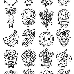 May include: A black and white coloring page featuring twenty individual illustrations of anthropomorphic fruits, vegetables, and flowers with smiling faces. The grid layout includes an apple, broccoli, sunflower, strawberry, carrot, lotus, wheat, cactus, banana, peas, melon, grapes, succulent, chrysanthemum, potted flowers, tomatoes, mango, turnip, lettuce, and morning glory.