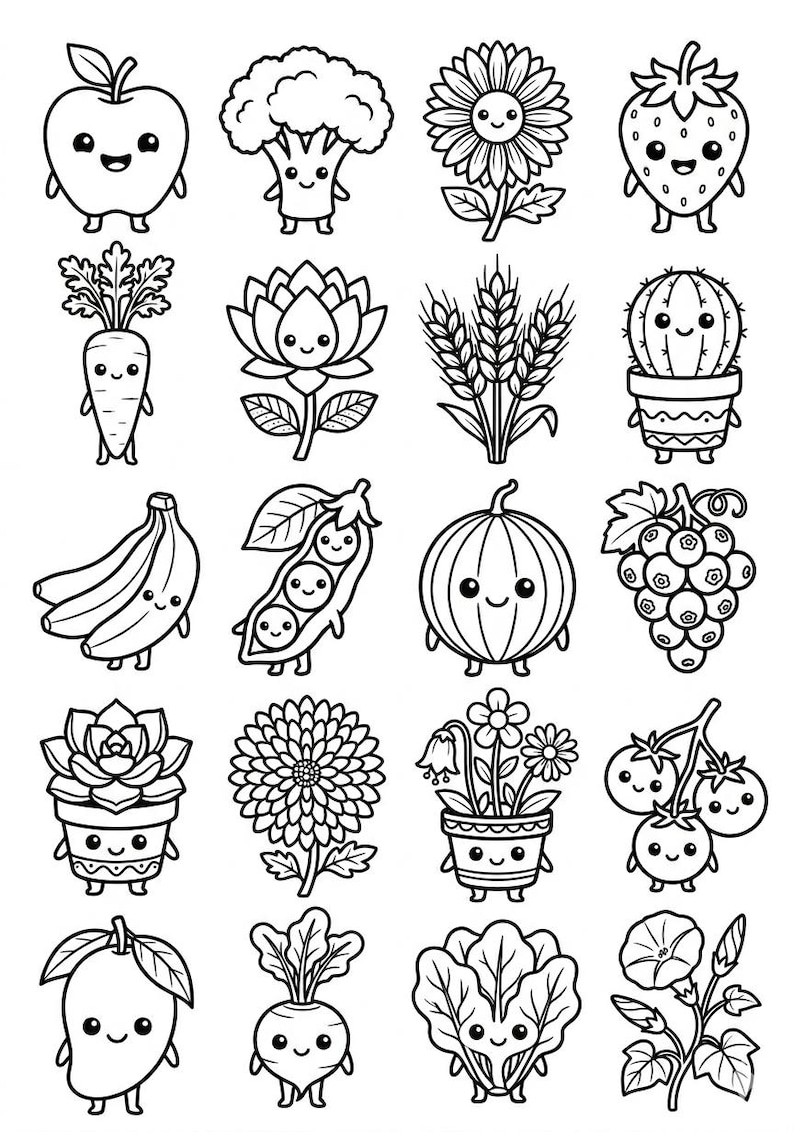 May include: A black and white coloring page featuring twenty individual illustrations of anthropomorphic fruits, vegetables, and flowers with smiling faces. The grid layout includes an apple, broccoli, sunflower, strawberry, carrot, lotus, wheat, cactus, banana, peas, melon, grapes, succulent, chrysanthemum, potted flowers, tomatoes, mango, turnip, lettuce, and morning glory.