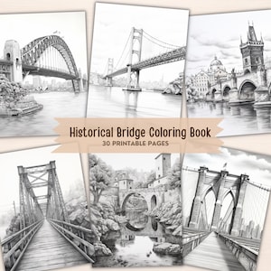 Può includere: Un libro da colorare digitale intitolato Historical Bridge Coloring Book 30 Printable Pages contenente sei illustrazioni a matita in bianco e nero di vari ponti, tra cui il Sydney Harbour Bridge, il Golden Gate Bridge e il ponte di Brooklyn.