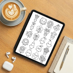 May include: A digital tablet screen displaying a collection of black and white line art illustrations featuring various fruits, vegetables, and flowers with smiling faces, arranged in a grid pattern on a white background.