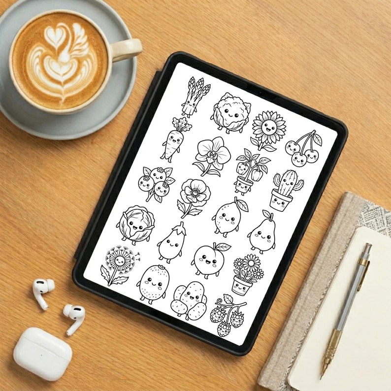 May include: A digital tablet screen displaying a collection of black and white line art illustrations featuring various fruits, vegetables, and flowers with smiling faces, arranged in a grid pattern on a white background.
