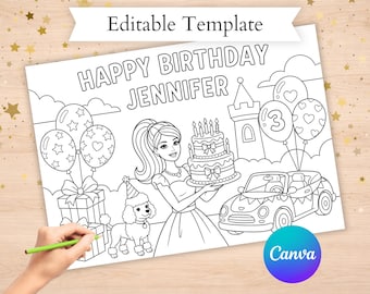 Princess Birthday Coloring Page Editable Custom Fashion Doll Kids Party Favor barb Printable pages