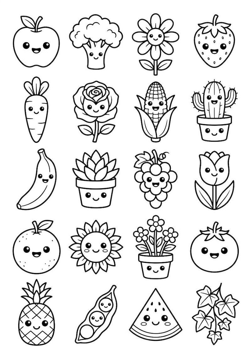 May include: A collection of twenty black and white line art illustrations featuring various fruits, vegetables, and plants. Each item displays a simple, smiling face with large eyes, arranged in a grid pattern on a plain white background.