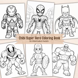 Chibi Superhjälte Målarbilder: 30 Superhjälte Målarbok Utskrivbar PDF