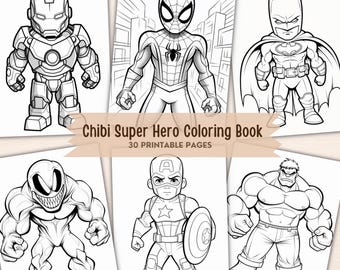 Dibujos para colorear de superhéroes chibi: 30 dibujos de superhéroes para colorear en formato PDF imprimible.
