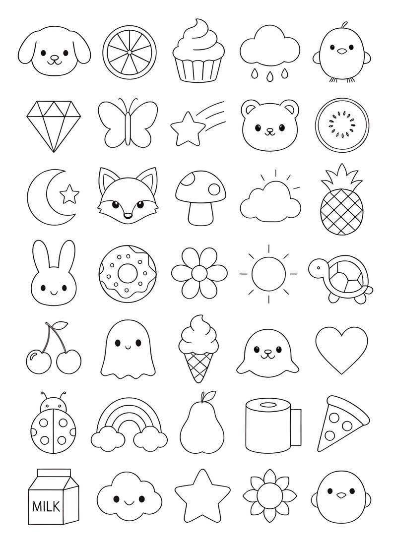 May include: A collection of black and white line art icons arranged in a grid, featuring various shapes including animals, fruits, celestial bodies, food items, and nature elements like a dog, cupcake, diamond, butterfly, fox, mushroom, and milk carton.