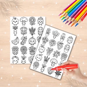 May include: Two white sheets of paper featuring black and white line art illustrations of various fruits, vegetables, and plants with smiling faces. A red marker is positioned on one sheet, and a set of colored pencils is placed nearby.