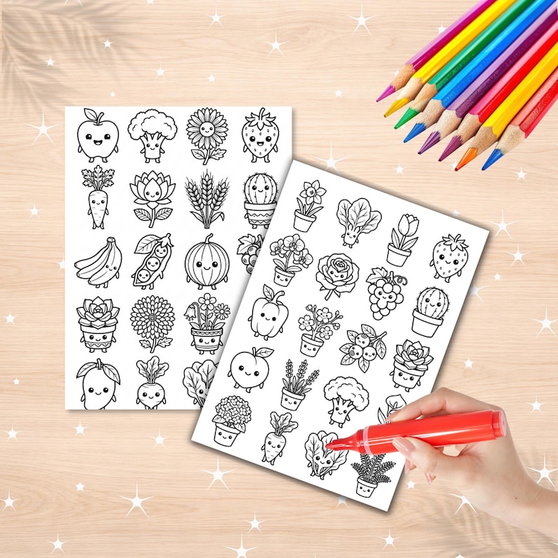 May include: Two white sheets of paper featuring black and white line art illustrations of various fruits, vegetables, and plants with smiling faces. A red marker is positioned on one sheet, and a set of colored pencils is placed nearby.