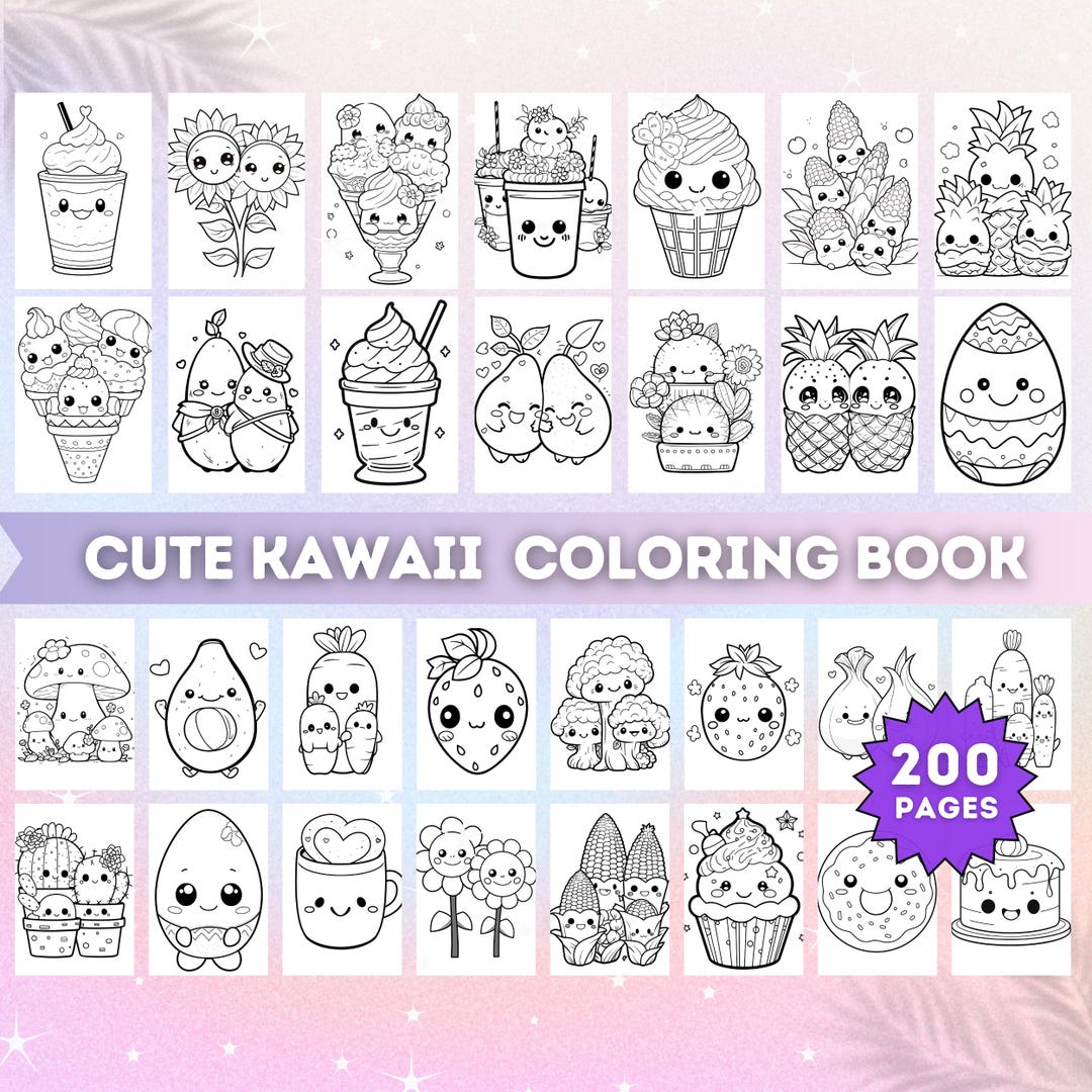Kawaii Coloring Book for Kids 200 Pages Cute Coloring Page Mega Bundle ...