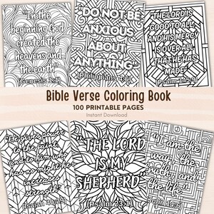 May include: A digital Bible Verse Coloring Book featuring 100 printable pages with black and white line art designs. Each page displays a unique scripture verse surrounded by intricate geometric or swirling patterns for coloring activities.