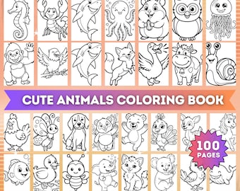 May include: A coloring book titled CUTE ANIMALS COLORING BOOK with 100 PAGES, featuring a grid of black and white line art illustrations of various animals including a seahorse, shark, octopus, owl, monkey, fox, cow, snail, butterfly, and dog.