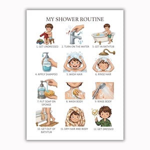 Peut inclure: Un guide visuel intitulé MY SHOWER ROUTINE présentant douze illustrations numérotées montrant les étapes de la douche, incluant se déshabiller, ouvrir l'eau, utiliser le shampoing, se laver les cheveux, rincer, utiliser du savon et se sécher.