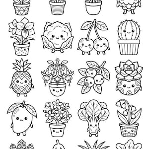 May include: A collection of twenty black and white line art illustrations featuring various plants, fruits, and vegetables with smiling faces. The grid includes potted flowers, a raspberry, a cactus, a pineapple, cherries, and leafy greens.