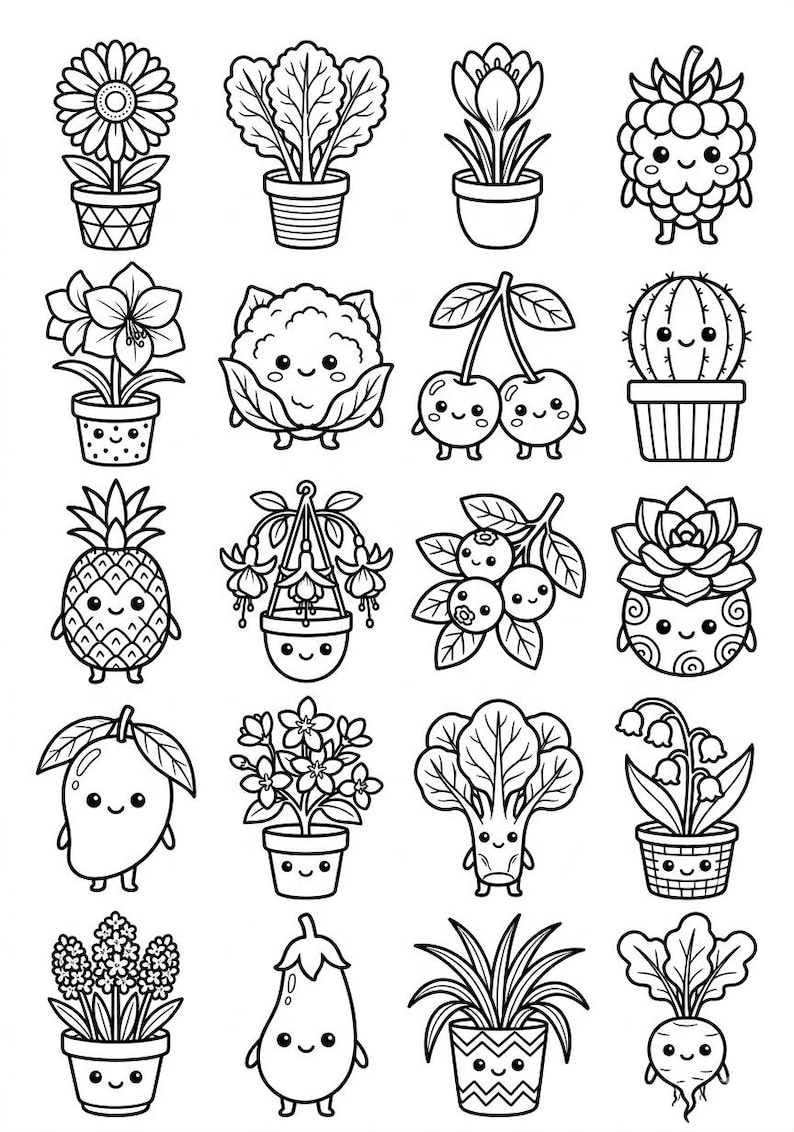 May include: A collection of twenty black and white line art illustrations featuring various plants, fruits, and vegetables with smiling faces. The grid includes potted flowers, a raspberry, a cactus, a pineapple, cherries, and leafy greens.