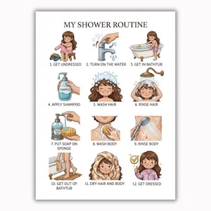 Autism Visual Schedule for Girls Shower Routine Cards Special Needs Daily Living Skills Preschool AAC Communication Printable Bathroom Chart