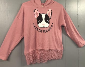 Belle du Jour Hoodie. Rose with French Bulldog. Flip Sequins.  Size XL. NWT
