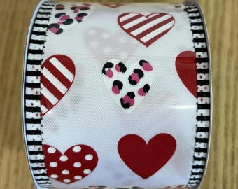 2 Rolls Valentine Hearts Ribbon – 2 1/2" x 10 Yards, Wired Edge. New, SIP.