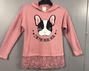 Belle du Jour Hoodie. Rose with French Bulldog. Flip Sequins.  Size Small. NWT
