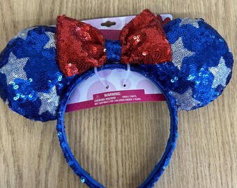 Disneys Minnie Mouse Sequined Headband. Blue With Silver Stars & Red Bow. NEW.