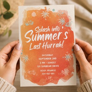 Puede incluir: Una tarjeta de invitación rectangular con un fondo de acuarela naranja y amarillo y texto blanco que dice Splash into Summer's Last Hurrah! Saturday September 2nd 3 PM - Sunset 123 Sunbeam Drive RSVP: Frankie 234-567-891 con pequeños iconos.