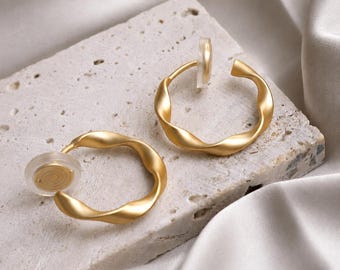 Twisted Clip On Hoop Earrings, Matte Gold Silver Finish, Minimalist Style